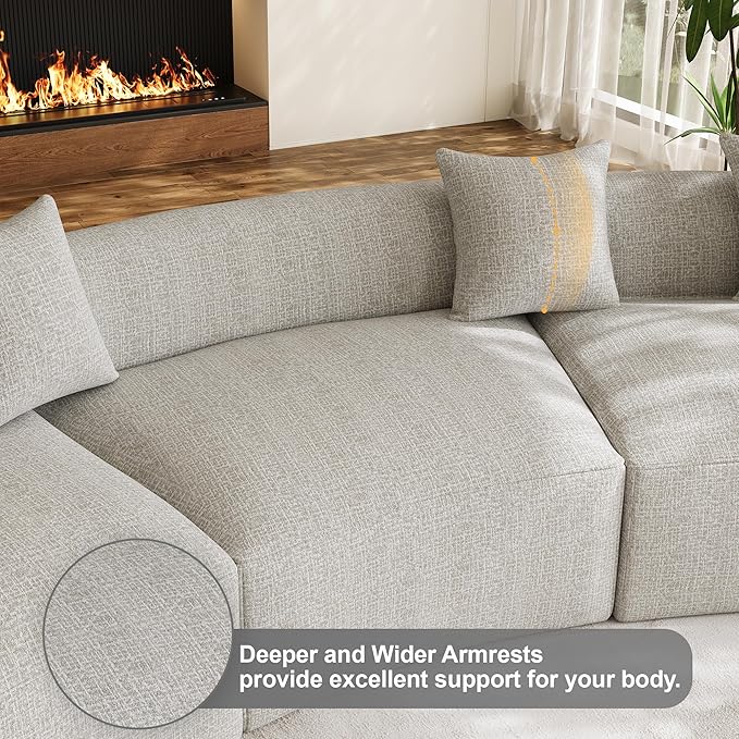 134" Oversized Sectional Sofa for Living Room, Modern Luxury Plush Chenille 4-Seater Extra Deep & Wide Seat Curved Cloud Couch with 5 Throw Pillows, No Assembly Needed, Light Grey