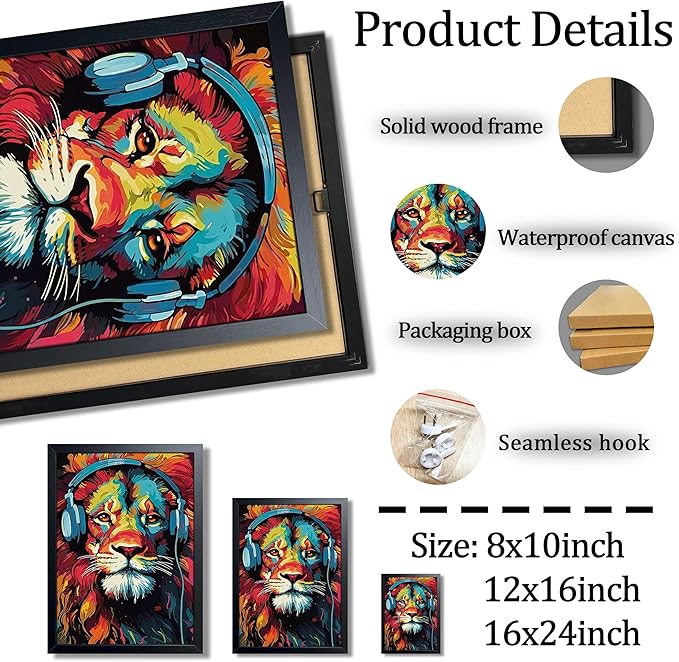 Colorful Lion Wall Art Framed Canvas Print, Lion Wearing Headphones Pop Art Animal Poster, Vibrant Graffiti Music King Wall Decor Painting for Living Room Bedroom Boys Room Home Decor 12x16 Inch