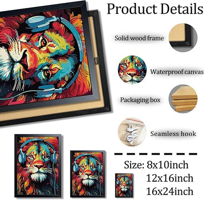 Colorful Lion Wall Art Framed Canvas Print, Lion Wearing Headphones Pop Art Animal Poster, Vibrant Graffiti Music King Wall Decor Painting for Living Room Bedroom Boys Room Home Decor 12x16 Inch