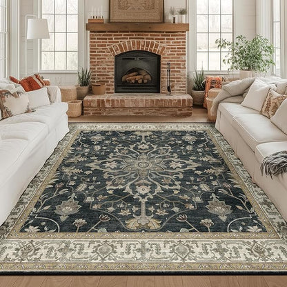 RELEANY Area Rugs Square 8ft Washable Non-Slip, Floral Vintage Distress Print Pattern Medallion Carpet for Living Room Bedroom Dining Room, Vintage Black Brown Neutral