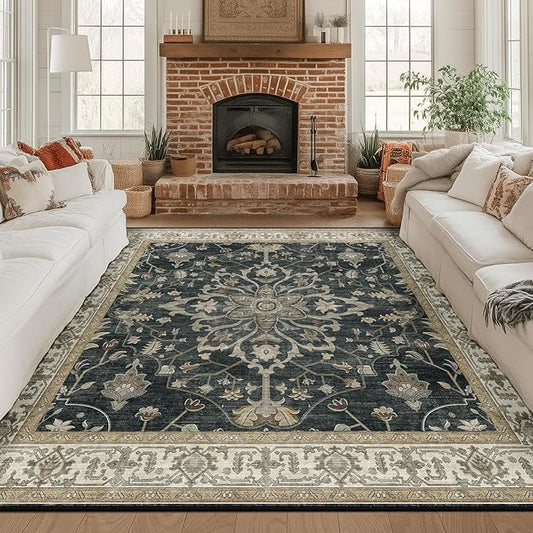 RELEANY Area Rugs Square 8ft Washable Non-Slip, Floral Vintage Distress Print Pattern Medallion Carpet for Living Room Bedroom Dining Room, Vintage Black Brown Neutral