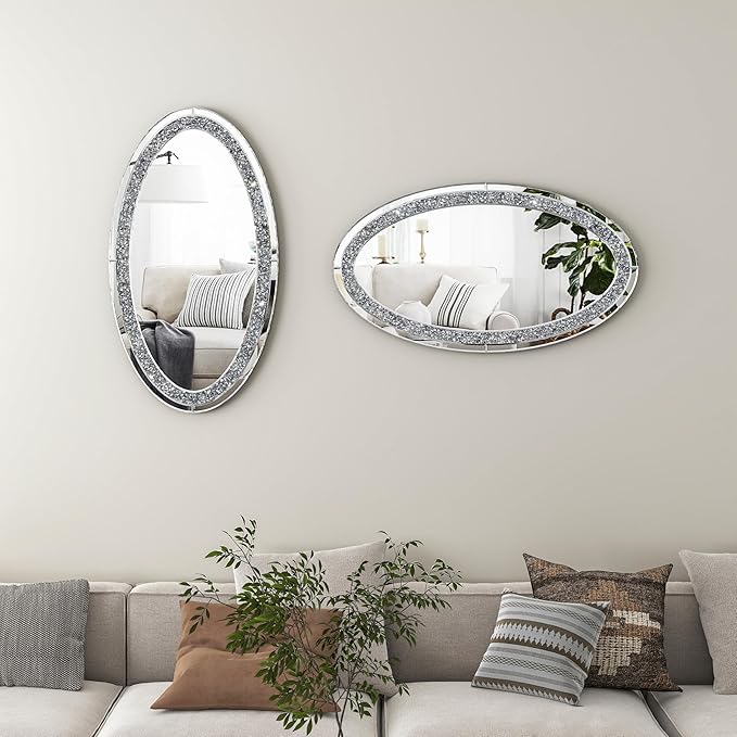SHYFOY Oval Wall Mirror 36"x23", Frameless Crystal Accent Mirror with Crushed Diamond Border, Silver Glass Decorative Mirror for Bathroom Bedroom Entryway Fireplace Mantel