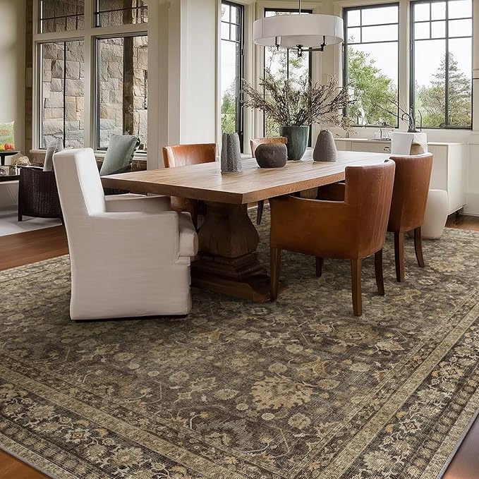 Washable 8x10 Area Rugs for Living Room, Boho Non-Slip Vintage Distress Large Rugs for Bedroom Dining Room Nursery Office, 0.3" Neutral Oriental Throw Thin Carpet, Red/Brown/Multi, C4
