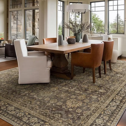 Washable 8x10 Area Rugs for Living Room, Boho Non-Slip Vintage Distress Large Rugs for Bedroom Dining Room Nursery Office, 0.3" Neutral Oriental Throw Thin Carpet, Red/Brown/Multi, C4