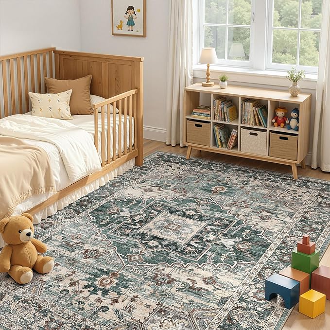 5x7 Washable Area Rugs for Living Room: Non Slip Vintage Green Rug, Large Soft Stain Resistant Indoor Floor Carpets for Bedroom Dining Room Nursery Home Office Kid & Pet Friendly