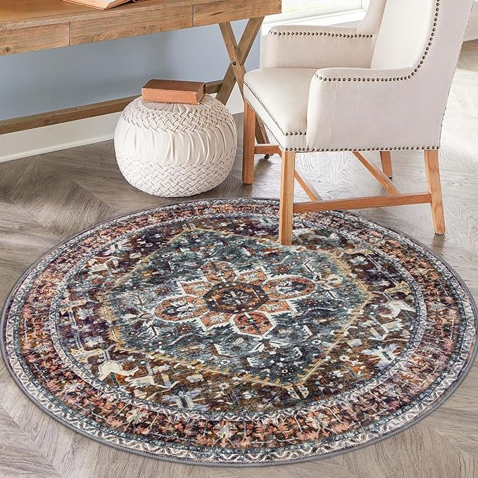 KOZYFLY Round Rug 6 Ft Rugs for Entryway Washable Circle Rug Non Slip Round Living Room Rugs Printed Faux Wool Round Dining Room Floor Carpet Floor Carpet for Entryway, Bedroom, Brick Red/Orange/Green