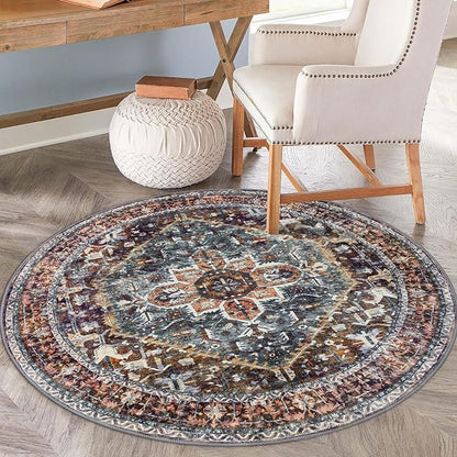 KOZYFLY Round Rug 6 Ft Rugs for Entryway Washable Circle Rug Non Slip Round Living Room Rugs Printed Faux Wool Round Dining Room Floor Carpet Floor Carpet for Entryway, Bedroom, Brick Red/Orange/Green