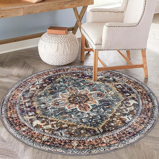 KOZYFLY Round Rug 6 Ft Rugs for Entryway Washable Circle Rug Non Slip Round Living Room Rugs Printed Faux Wool Round Dining Room Floor Carpet Floor Carpet for Entryway, Bedroom, Brick Red/Orange/Green