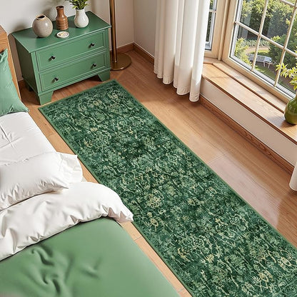 Dark Green 3x10 Runner Rug for Hallways Bed Side Kitchen, Boho Washable Distressed Low-Pile Floor Entryway Long Bathroom Mat, Non-Slip Laundry Room Washstand Front Carpet Green 36x84 Inch