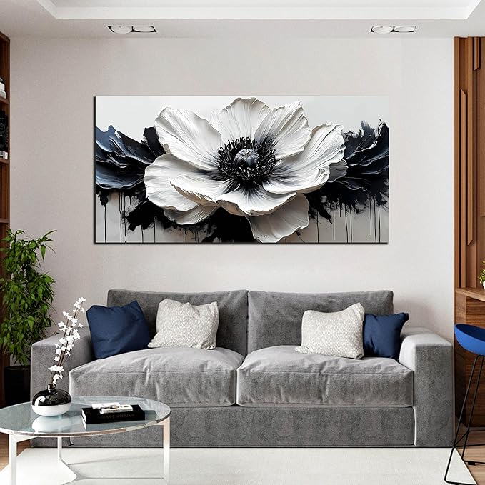 HUBOSKN Black and White Flower Wall Art for Bedroom - Large Canvas Wall Art Living Room - Floral Wall Decor for Teen Girls Size 29" x 59"