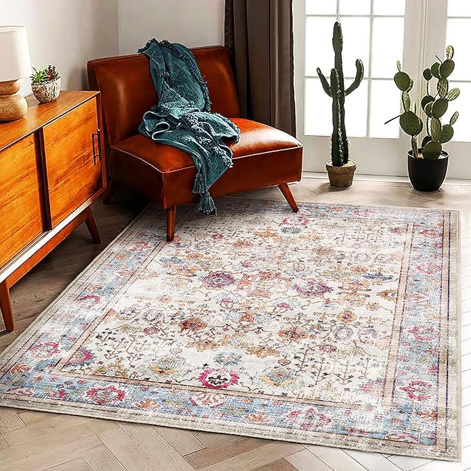 CHAMPLANT 5'x7' Washable Vintage Area Rug Traditional Floor Cover Foldable Kitchen Accent Thin Rug Indoor Distressed Non Slip Carpet Floral Print Mat Bedroom Living Room Bathroom