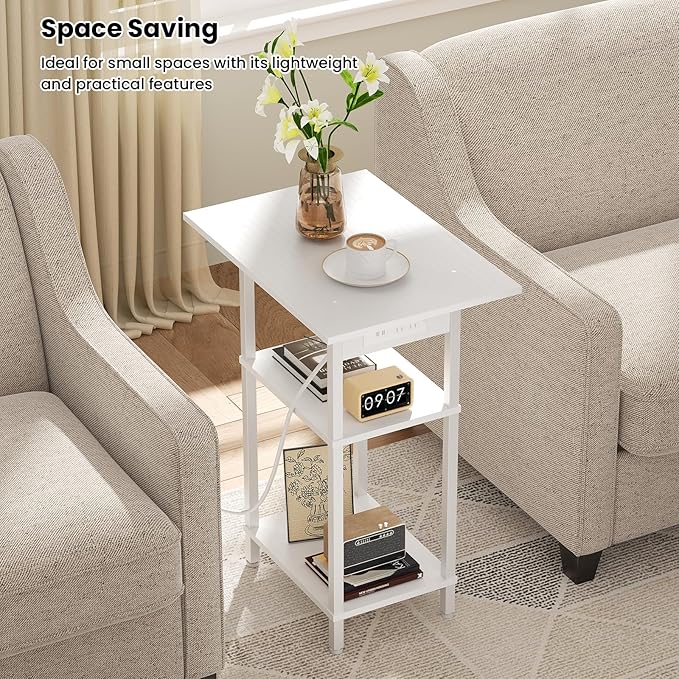 Asgolion Tall Side Table with Charging Station, Skinny End Table Nightstand with USB Ports and Outlets, 3 Tier Narrow Side Table with Storage for Bedroom, Living Room, Office, Nursery, White