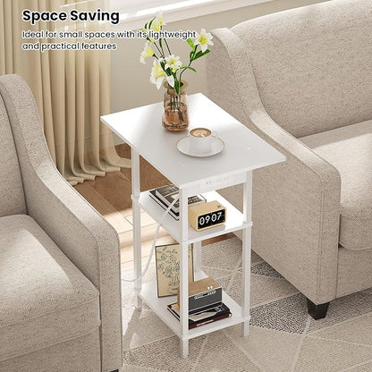 Asgolion Tall Side Table with Charging Station, Skinny End Table Nightstand with USB Ports and Outlets, 3 Tier Narrow Side Table with Storage for Bedroom, Living Room, Office, Nursery, White