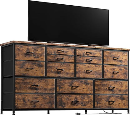 16 Drawers Long Dresser for Bedroom, 51"W Dressers with Power Outlets for 60"Inch TV for Living Room, Entertainment Center with Storage, Media TV Stand Console Table 51.1''W*11.8''D*34.8''H, Brown