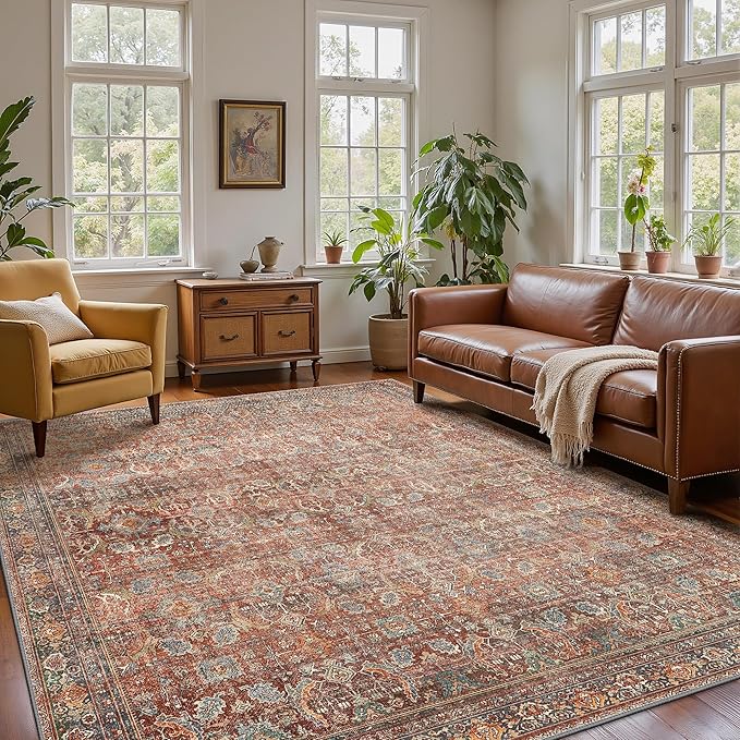 8x10 Area Rug Machine Washable Boho Rug for Living Room,Ultra-Thin Low Pile Carpet,Lightweight Indoor Printed Rug,Non Slip Floral Area Rug for Bedroom, Dining Room, Home Office,Terracotta/Indigo