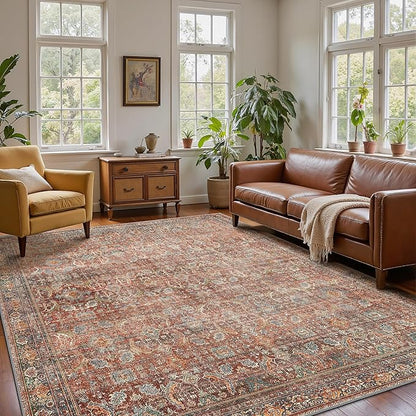 8x10 Area Rug Machine Washable Boho Rug for Living Room,Ultra-Thin Low Pile Carpet,Lightweight Indoor Printed Rug,Non Slip Floral Area Rug for Bedroom, Dining Room, Home Office,Terracotta/Indigo