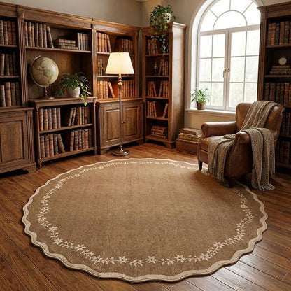GarveeHome Round Area Rugs 5ft for Bedroom, Solid Brown Washable Circle Rug Soft Non Slip Floral Print Floor Mat Carpet Indoor Thin Rug for Kids Room Dining Room Playroom Nursery