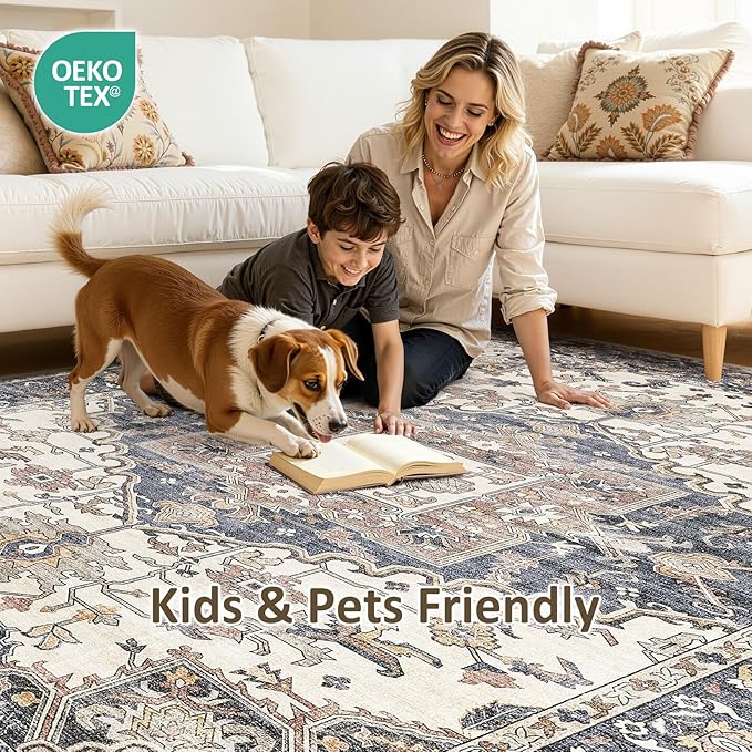 5x8 Washable Area Rugs for Living Room: Non Slip Vintage Beige Blue Rug, Large Soft Stain Resistant Indoor Floor Carpets for Bedroom Dining Room Nursery Home Office Kid & Pet Friendly