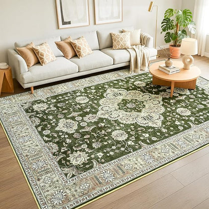 Maxsoft Area Rugs for Living Room Bedroom, 4x6 Dark Green Washable Rug with Rubber Backing, Non-Slip and Stain Resistant Soft Throw Indoor Carpet for Dining Room Office Kitchen Dorm Home Decor