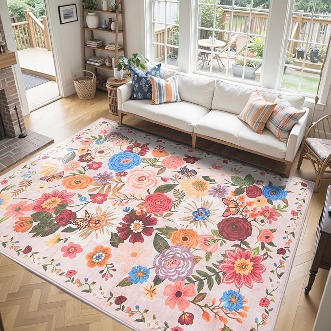 Pink/Beige Washable Area Rug 8x10, Large Soft Floral Carpet for Living Room Bedroom Dining Room Non-Slip Stain Resistant Under Table Rug
