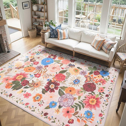Pink/Beige Washable Area Rug 8x10, Large Soft Floral Carpet for Living Room Bedroom Dining Room Non-Slip Stain Resistant Under Table Rug
