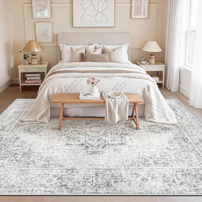 9x12 Area Rugs for Living Room, Washable Vintage Boho Medallion Rug Non Slip Low Pile Floor Carpet for Bedroom Dining Room Home Office (Grey, 9'x12')