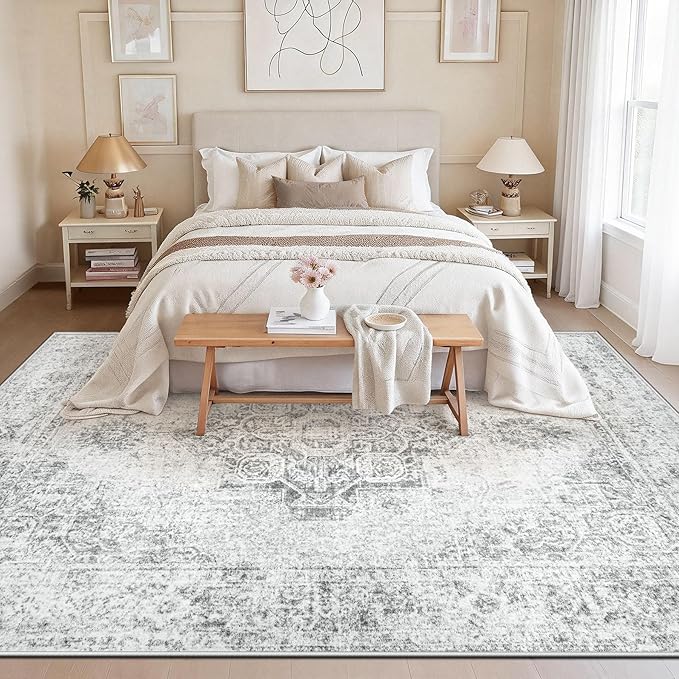 8x10 Area Rugs for Living Room, Washable Vintage Boho Medallion Rug Non Slip Low Pile Floor Carpet for Bedroom Dining Room Home Office (Grey, 8'x10')