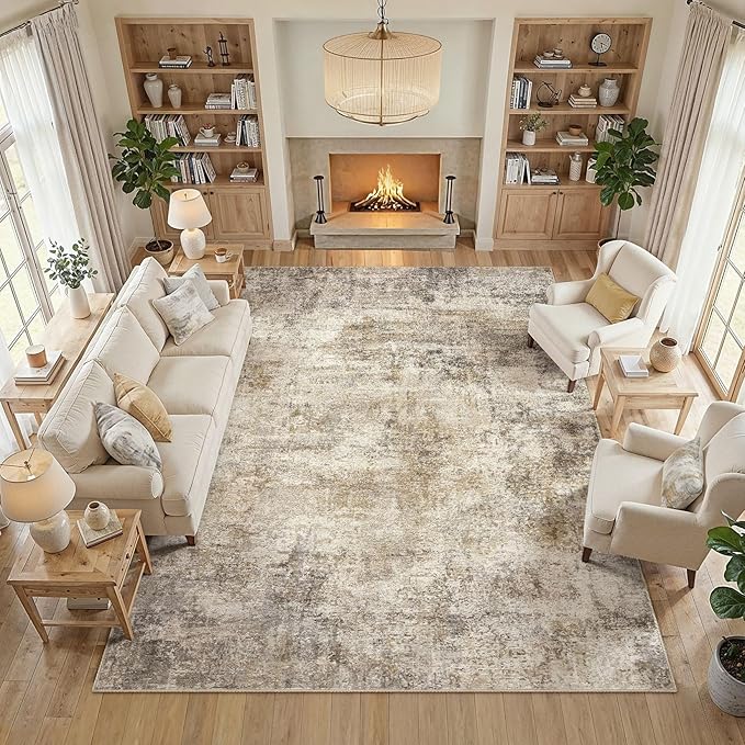 cotiled 9x12 Area Rugs for Living Room - Washable Neutral Abstract Carpet Non Slip Soft Rug for Bedroom & Dining Table, Robot Vacuum & Pet Friendly Floor Decor Brown