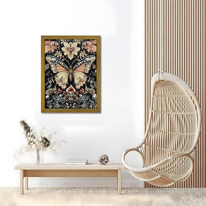 Hand Drawn Sandstone Nature Floral Wall Art, Framed Vintage 3D Textured Butterfly Wall Decor, Gothic Style Flower Insect Print Painting for Living Room Bedroom Home Decor 16x24 inch