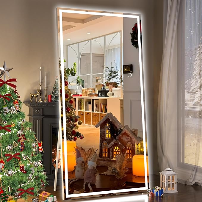Hasipu Full Length Mirror with Lights, 81" x 34" LED Lighted Floor Standing, Full Body Dressing Hanging Mounted Mirror, Tempered Glass, Square White