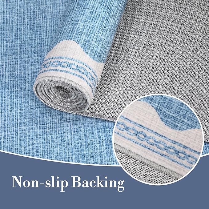 Scalloped Washable Rug 9x12 Area Rugs for Living Room, Solid Blue Rug for Bedroom Girls, Non Slip Throw Mat with Rubber Back, Soft Dorm Nursery 9x12 Carpet for Dining Room