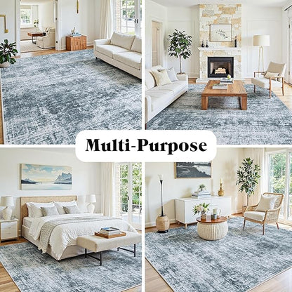 6x9 Area Rugs Washable Rug:Anti-Skid Abstract Modern Living Room Rug Soft Thin Carpets Indoor Floor Non-Shedding Carpet for Bedroom Dining Farmhouse Nursery Home Office(Light Slate Blue/White, 6x9)