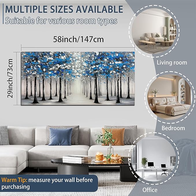 Trogonup Large Forest Wall Art for Living Room Blue and White Trees Landscape Painting Modern Textured Oil Painting for Bedroom Office Home Decor 29x58 Inch