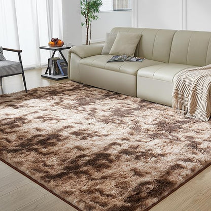 Ultra Soft Rug for Living Room, 6X9 Fluffy Shag Area Rug for Bedroom, Modern Shaggy Carpet Fuzzy Rug for Teens Dorm Nursery Home Decor Aesthetic, Upgrade Anti-Skid Durable, Tie-Dyed Coffee