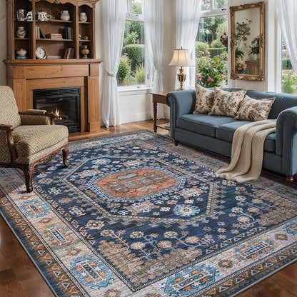 Tangsoo Vintage 5x7 Washable Area Rug for Living Room,Boho Indoor Non Slip Rug Large Soft Low Pile Rugs Foldable Floor Carpet for Bedroom Dining Room Dorm Home Decor Blue Orange