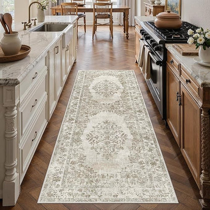 PureCozy 2x6 Runner Rug Beige Washable Hallway Kitchen Bedroom Vintage Distressed Bathroom Non Slip Medallion Floral Carpet Indoor Retro Throw Floor Mat for Office Dining Laundry Living Room