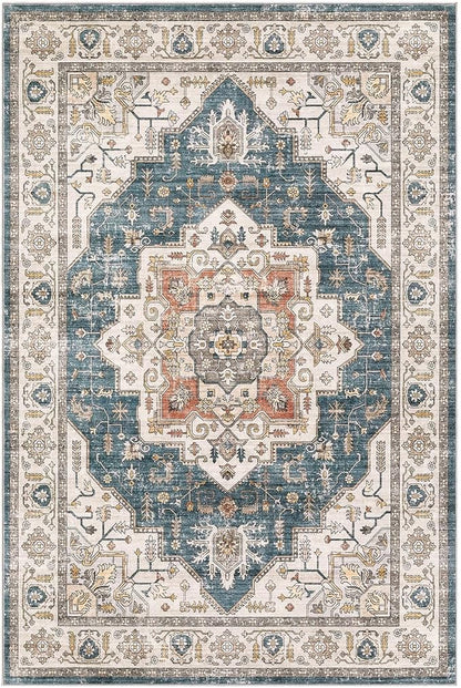 Area Rug 5x7 Washable Vintage - Soft Traditional Rugs for Living Room Large Non Slip Backing with Low Pile Farmhouse Oriental Retro Carpet for Bedroom Dining Room or Home Office - Blue