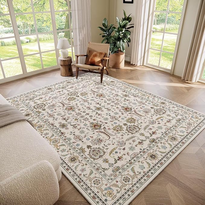 Washable 6x9 Area Rugs for Living Room, Boho Non-Slip Vintage Distress Large Rugs for Bedroom Dining Room Nursery Office, 0.3" Neutral Oriental Throw Thin Carpet, Beige/Rust/Multi, B1