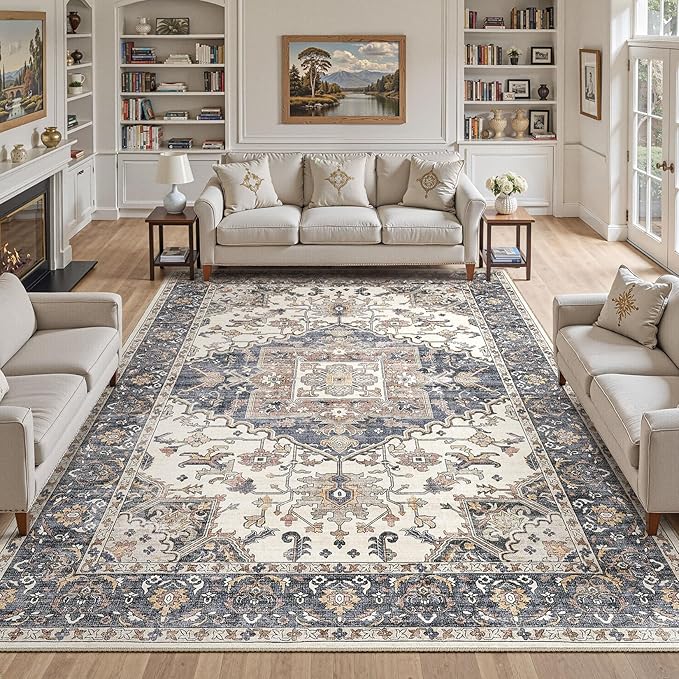 12x15 Washable Area Rugs for Living Room: Non Slip Vintage Beige Blue Rug, Large Soft Stain Resistant Indoor Floor Carpets for Bedroom Dining Room Nursery Home Office Kid & Pet Friendly