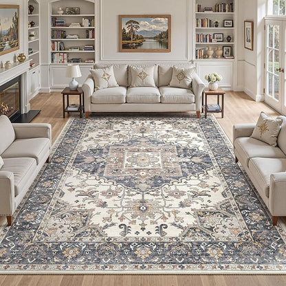 12x15 Washable Area Rugs for Living Room: Non Slip Vintage Beige Blue Rug, Large Soft Stain Resistant Indoor Floor Carpets for Bedroom Dining Room Nursery Home Office Kid & Pet Friendly