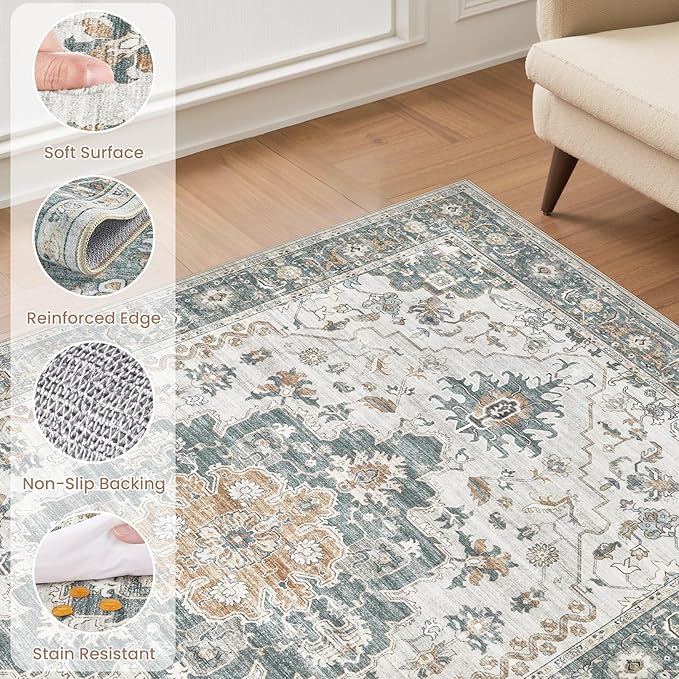 EIEIHOUSE Washable Area Rugs for Living Room - 7x9 Neutral Vintage Distressed Floral Farmhouse Boho Large Soft Floor Rug Indoor Non Slip Carpet for Living Room Bedroom Dining Room Office - Green/Grey