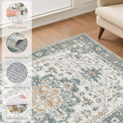 EIEIHOUSE Washable Area Rugs for Living Room - 7x9 Neutral Vintage Distressed Floral Farmhouse Boho Large Soft Floor Rug Indoor Non Slip Carpet for Living Room Bedroom Dining Room Office - Green/Grey