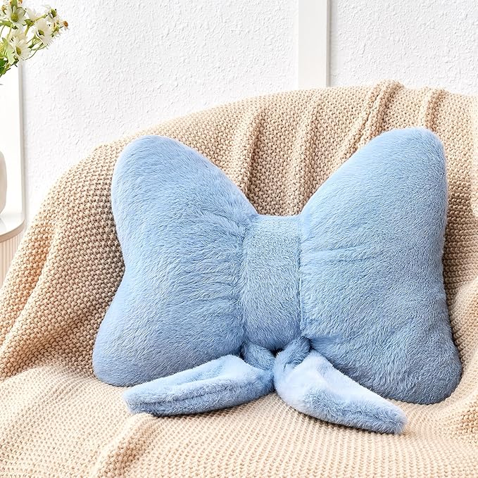 Dusty Blue Bow Pillow,16'' Bow Decorative Pillows with Faux Rabbit Fur,Soft Bow Throw Pillows Aesthetic Bow Shaped Pillow for Bed Sofa Couch Home Decor