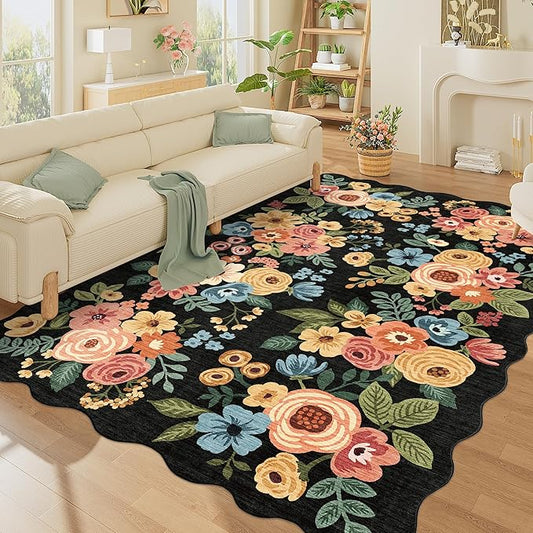 DUKINO 6x9 Area Rug, Floral Washable Rugs for Living Room with Non Slip Backing & Non-Shedding, Lightwight Low Pile Boho Design Large Carpets for Bedroom, Living Room, Dining Room, Black