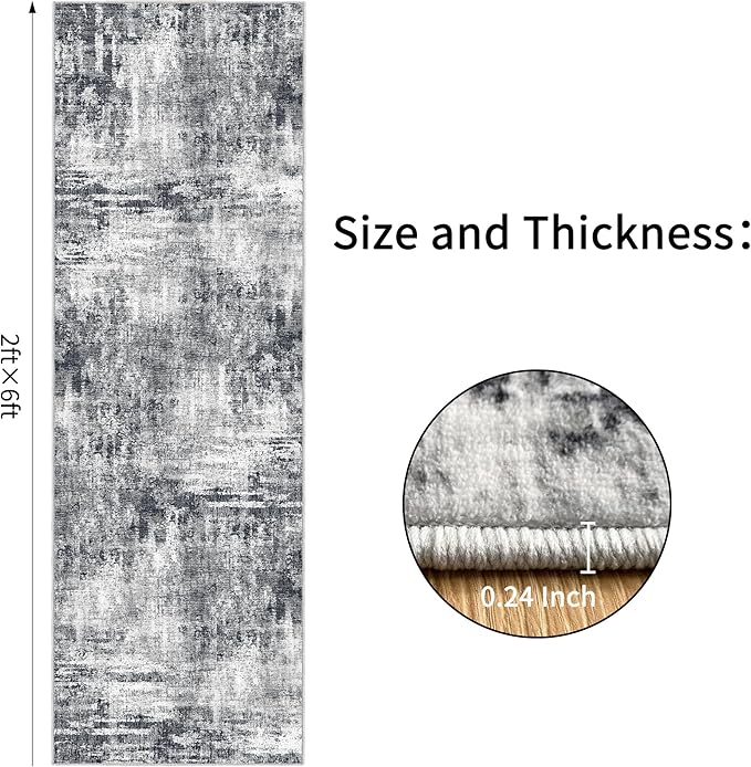 Grey Runner Rugs for Hallway: Abstract Washable Runner Rug 2x6 for Entryway Kitchen Bedroom Bathroom - Modern Cozy Home Decor Long Carpet Mat Stain-Resistant - Dark Grey
