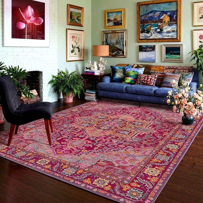 Kokia 8x10 Washable Magenta Hot Pink Area Rugs with Vintage Orient Design Soft Rug for Living Room or Bedroom Non-Slip Low Pile Stain Resistance Features Distressed Medallion Pattern