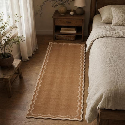 GarveeHome 2x6 Scalloped Washable Runner Rug for Kitchen, Soft Brown Hallway Runner Non Slip Entryway Rug Farmhouse Thin Laundry Mat Stain Resistant Carpet for Bedroom Bathroom Beside Rug