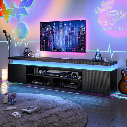 Hlivelood LED TV Stand for 95 Inch TV, Modern TV Stand with Power Outlet, TV Console Entertainment Center with Storage and LED Lights for Living Room, Bedroom (83 Inch, Black Carbon Fiber)