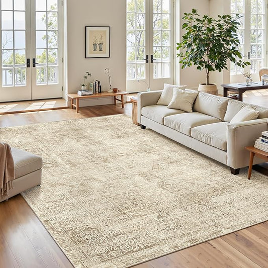 Soalmost 5x7 Area Rugs Brown Low Pile Indoor Washable Trendy Faded Style Floral Rugs for Bedroom Living Room Dining Room Foldable Non-Slip Thin Print Mat