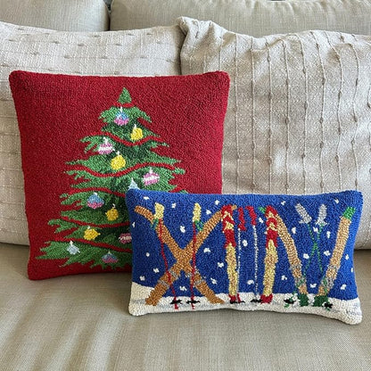 Hand Hooked Christmas Pillow - 9X16 inches Throw Pillow for Couch or Dorm (Skis)